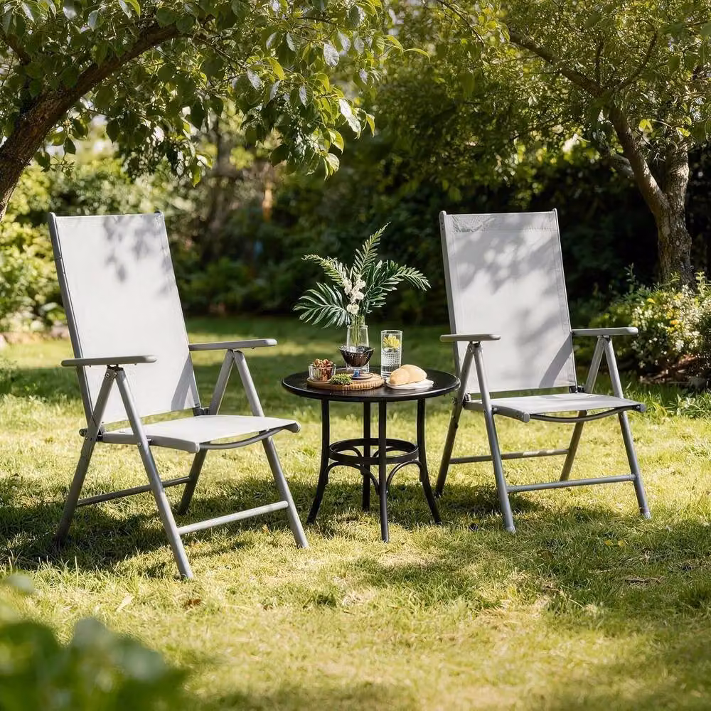 London Boutique Set of 4 Grey Reclining Folding Patio Sun Loungers with 8-Position Adjustment and Armrests – 6