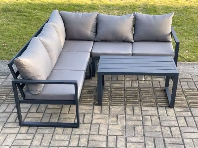 Fimous L-Shape Outdoor Garden Furniture Set in Dark Grey with Powder Coated Aluminium Frame, 2-Seater Sofa, Corner Element and Coffee Table