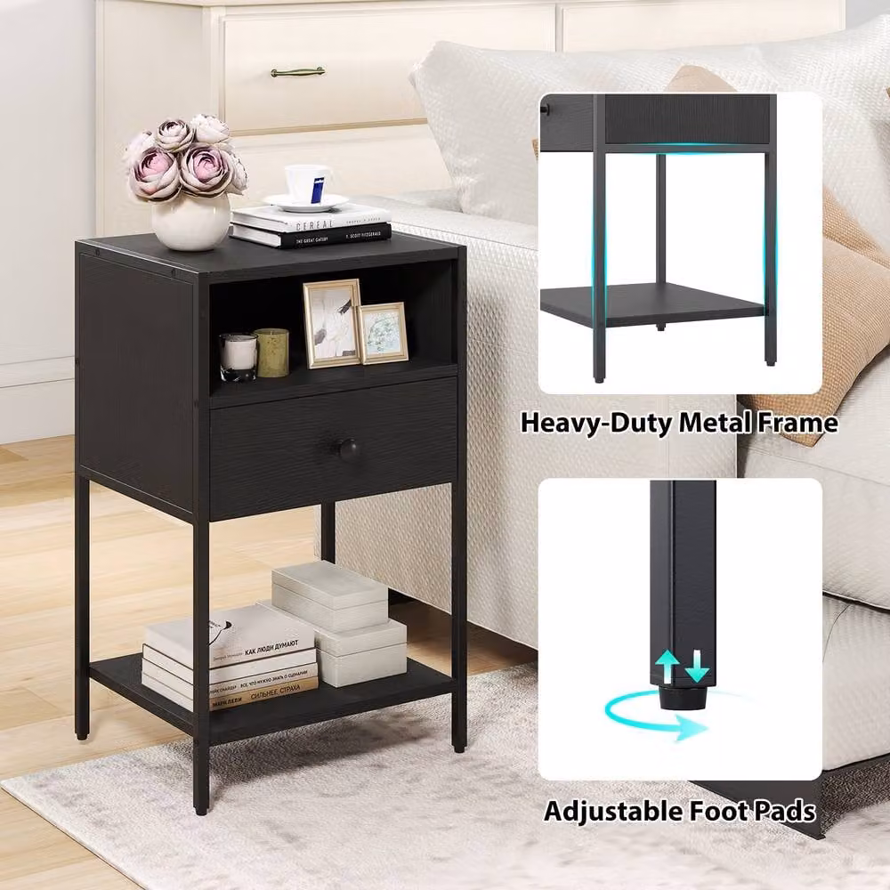 Gymax Industrial Nightstand with Drawer and Open Shelf, Black Farmhouse Bedside Table – 5