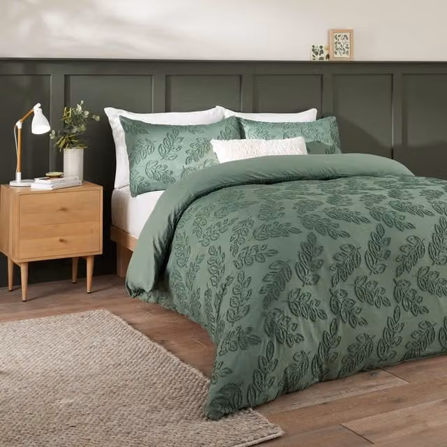 Make It A Home Seville Leaf Tufted Soft Touch Duvet Cover Set, Green, 90 x 190 cm