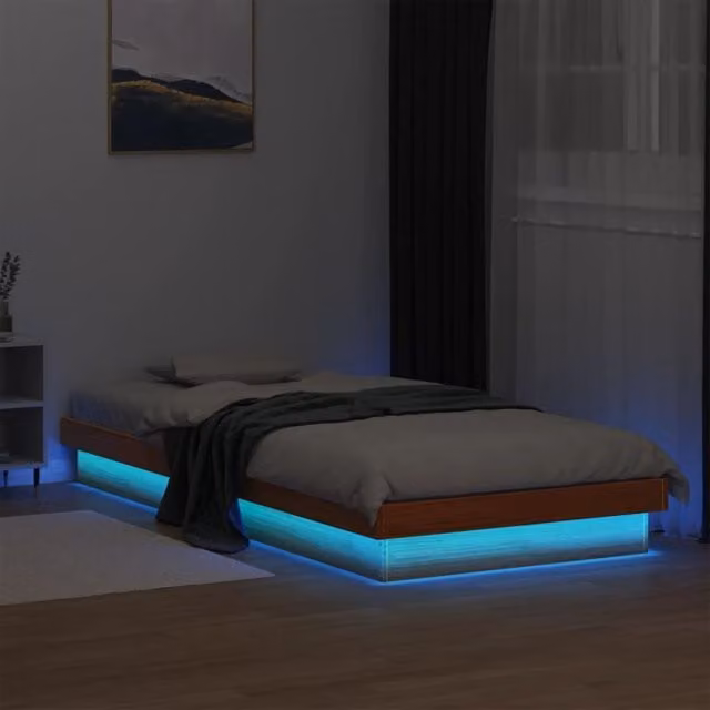 Berkfield Home Solid Wood LED Bed Frame in Wax Brown with USB Charging Port, W/D/H: 100 x 200 cm
