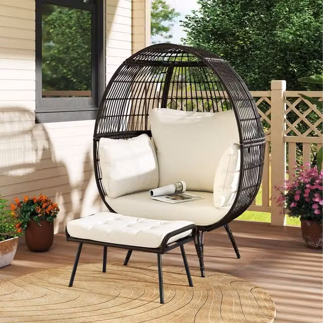 Costway Oversized Egg Chair with Ottoman in White Rattan and Metal