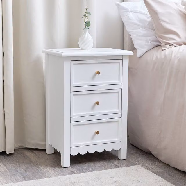 Melody Maison Staunton White 3 Drawer Scalloped Bedside Table with Gold Accents