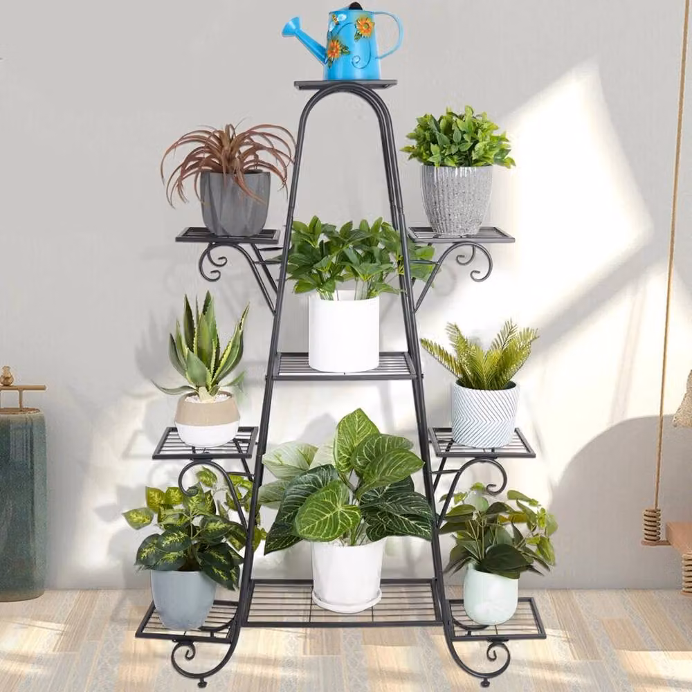 NESTLUNE 9-Tier Metal Plant Stand Garden Shelves in Black, H 130 x W 100 x D 15 cm – 2