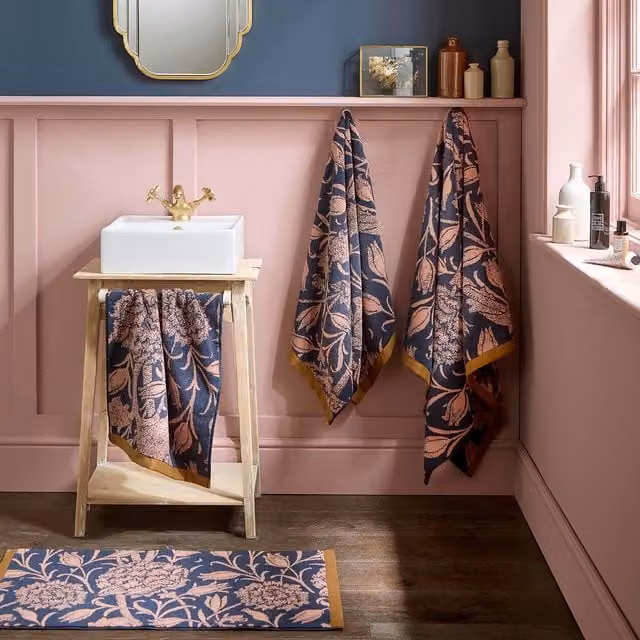 William Morris At Home Wild Tulip Floral Cotton Towel in Blue, Pink and Multicolour