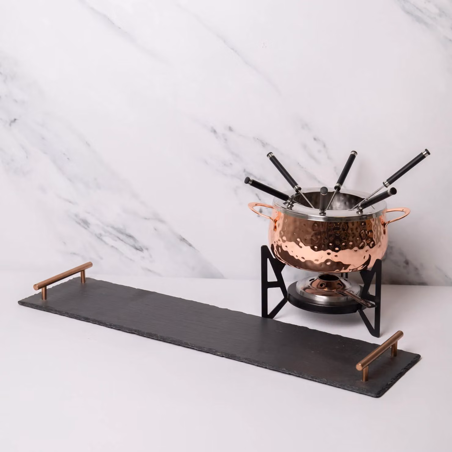 Artesa 7-Piece Gold Fondue Set with Copper Pot, 5 Forks and Slate Serving Platter – 2