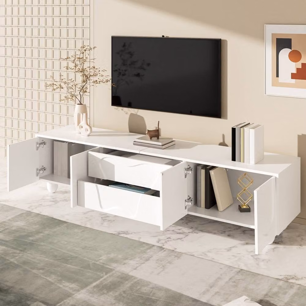 STILVORA Modern White TV Unit with Wooden Legs and Media Compartments, Width: 180 cm – 2