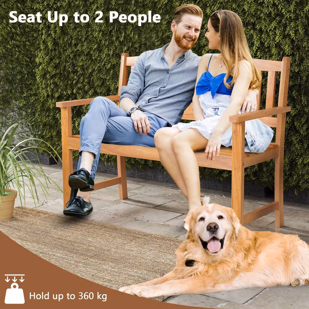 Gymax 2-Person Acacia Wood Outdoor Loveseat Bench with Armrests in Khaki – 2