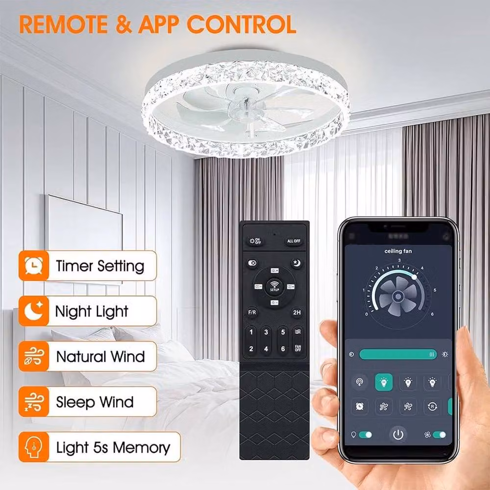 EONLION Large Modern LED Ceiling Fan with Crystal Details and Remote Control in White – 2