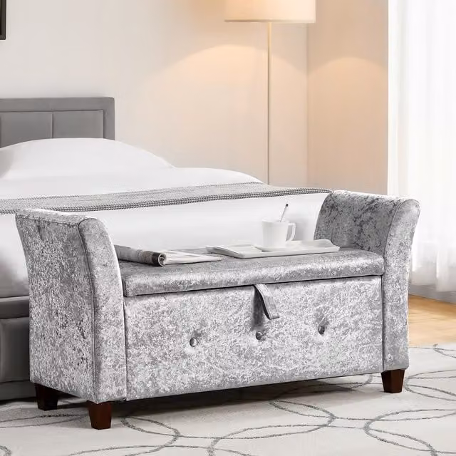 Vida Designs Seville Silver Velvet Fabric Storage Ottoman, W/D/H: 120 x 45 x 60 cm