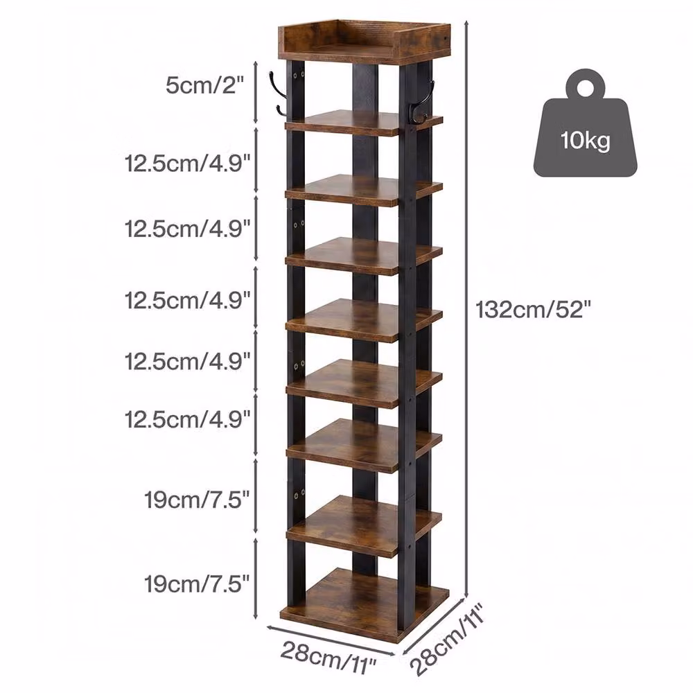 Levede 9 Tier Industrial Shoe Rack Storage Organiser with Adjustable Shelves, Brown and Black, W/D/H: 28 x 28 x 132 cm – 4