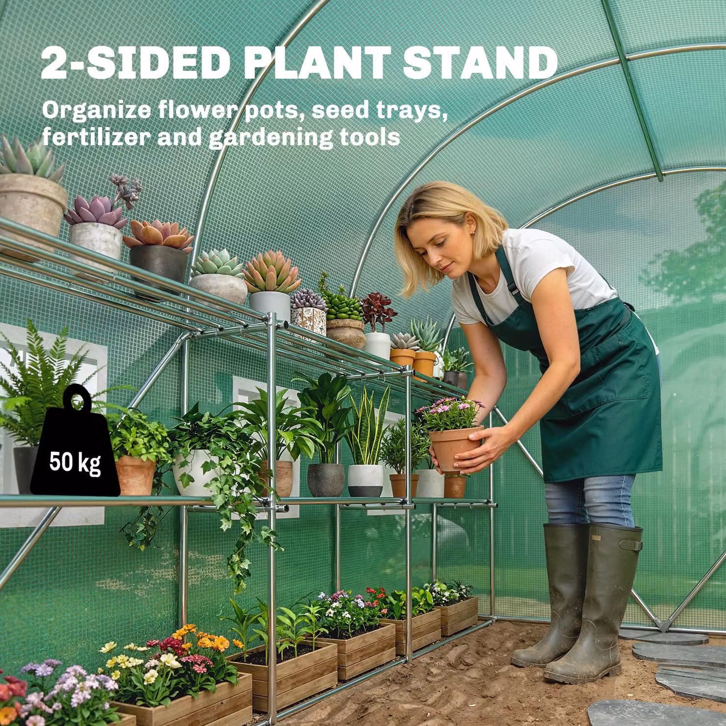Outsunny Green Walk-in Polytunnel Greenhouse with Shelves, Roll-Up Door and 6 Mesh Windows, W: 275 cm, D: 198 cm, H: 191 cm – 2