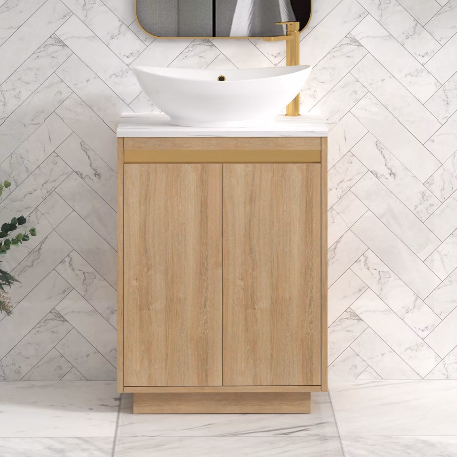 Royal Bathrooms Orion 600mm Natural Oak Floor Standing Countertop Vanity Unit with Amaze Basin and Brushed Brass Accent Trim