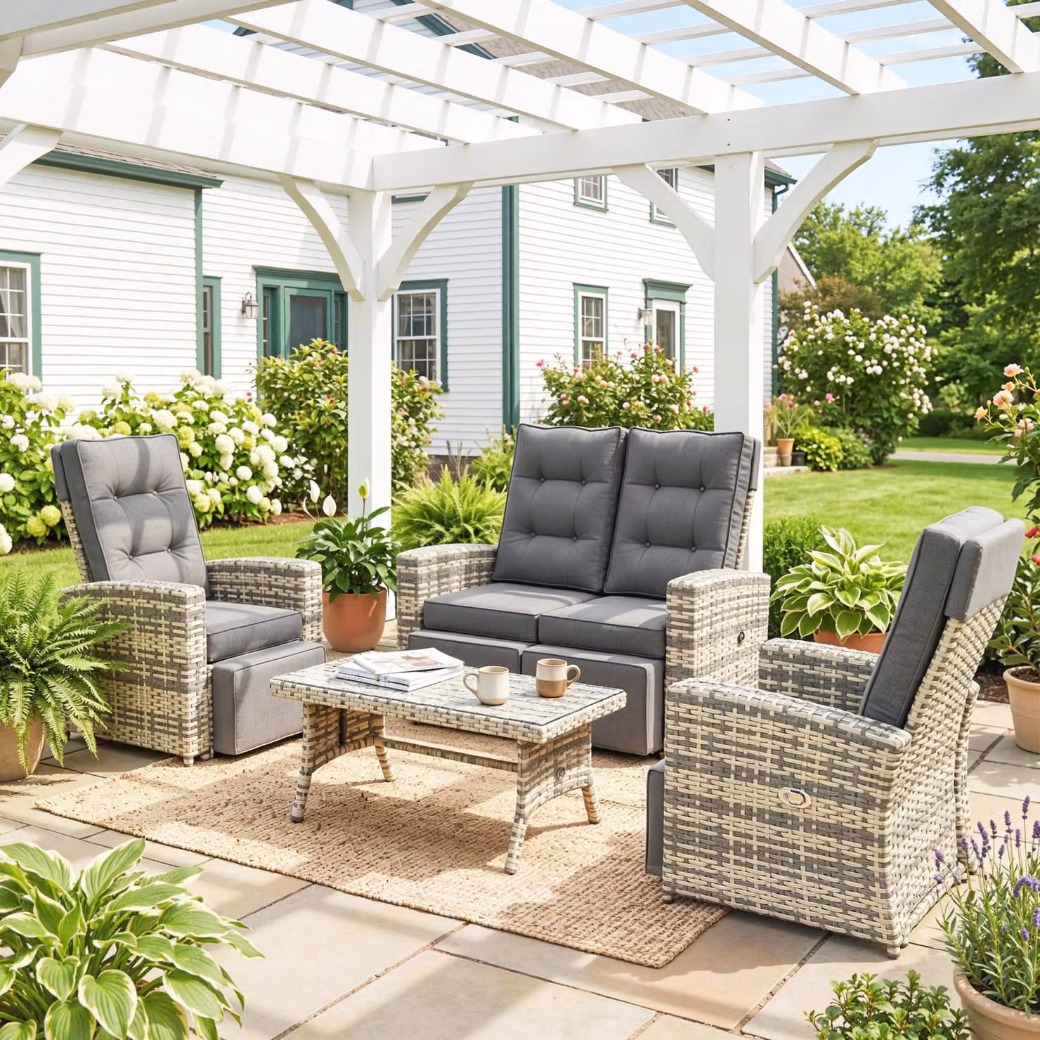 Outsunny 4 Piece Rattan Garden Furniture Set with Upholstered Cushions and Glass Top Coffee Table in Grey – 7