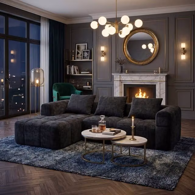 FENCHILIN Modular L-Shaped Sectional Sofa in Black Chenille Fabric with Reversible Design and Removable Covers – 1