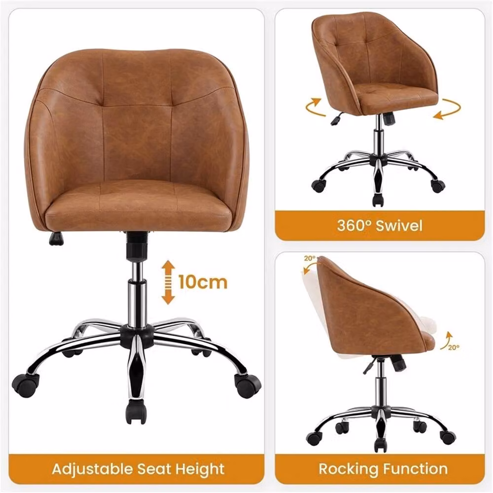 Kelvenix Retro Brown Synthetic Leather Swivel Task Chair for Home Office and Makeup Vanity – 3