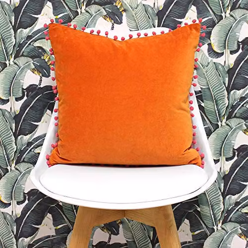 Riva Home Orange Faux Velvet Cushion with Fuchsia Pink Pompom Edges, W/D/H: 45 x 45 x 45 cm – 2