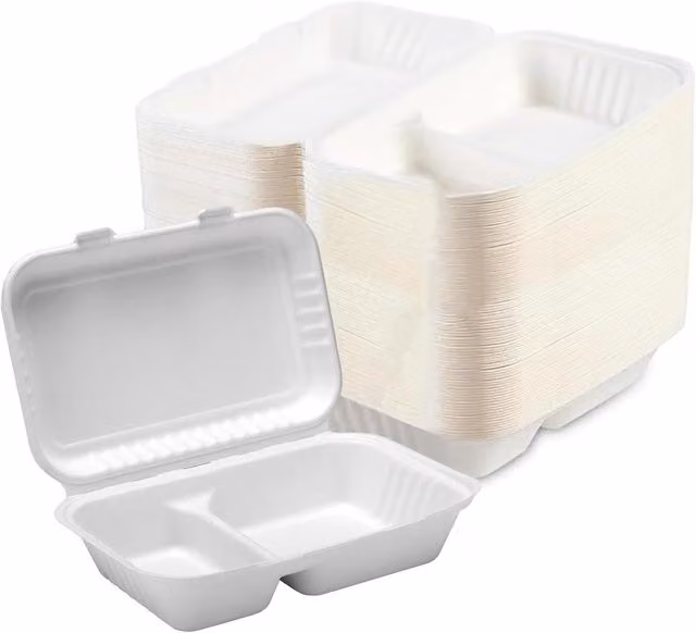 ECONX 100 Pack White Disposable Bagasse Clamshell Takeaway Boxes with 2 Compartments and Leakproof Design