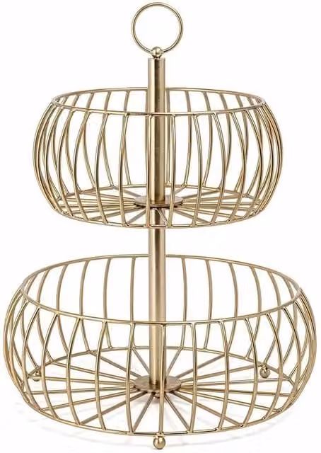 VOGREX 2-Tier Metal Wire Fruit Basket Stand in Gold – 1