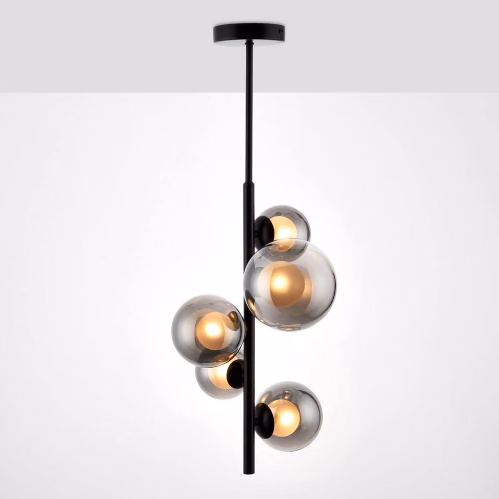 First Choice Lighting Cole Set of 2 Black 5 Light Ceiling Pendants with Smoke Glass – 2