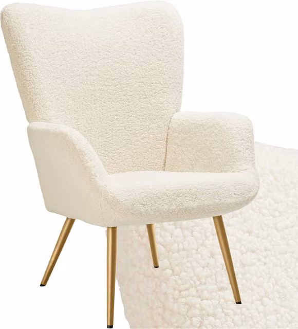 Tectake Hygge Scandinavian Lounge Armchair with Ottoman in Cream Bouclé and Gold Metal Frame