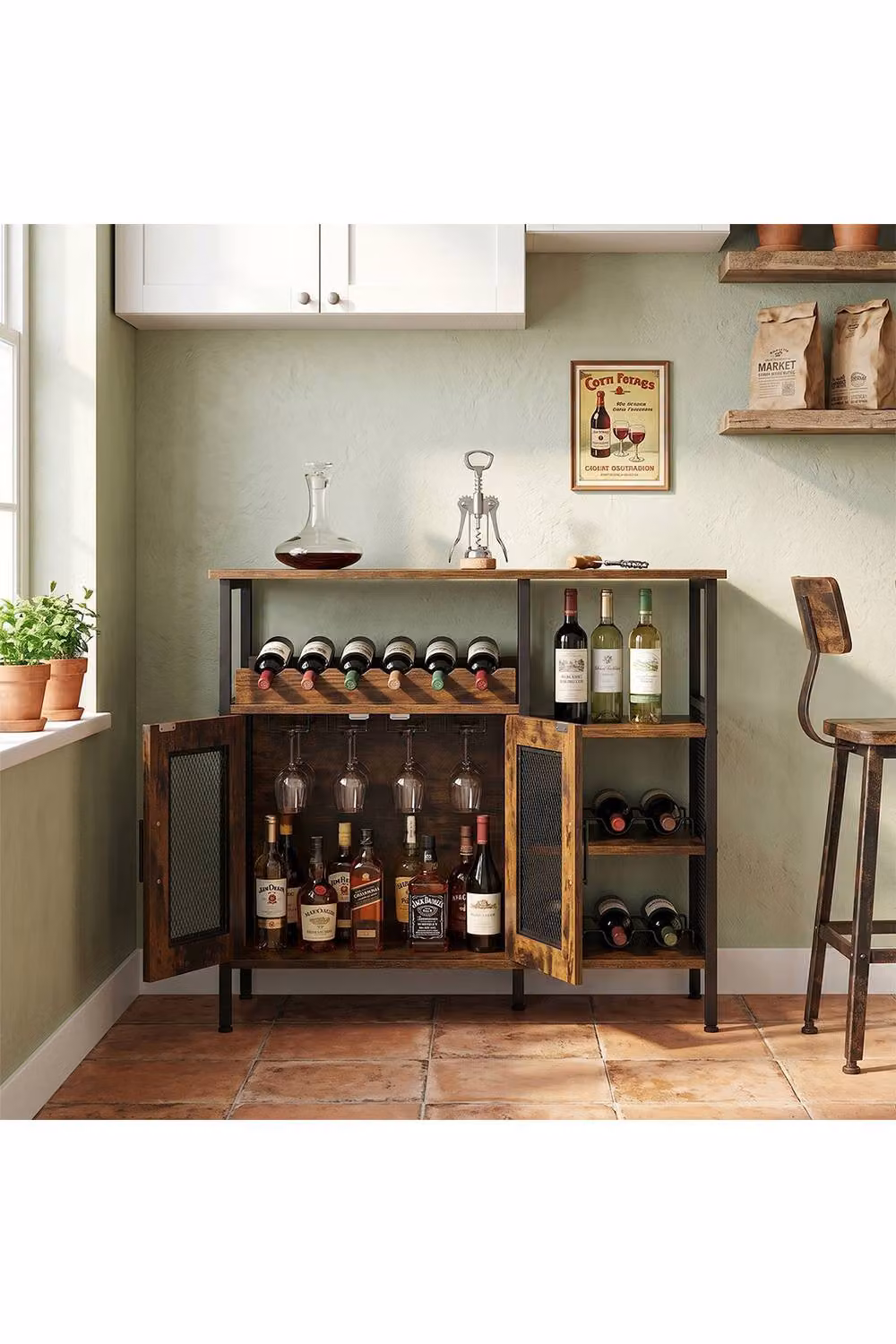 Living and Home Vintage Industrial Wine Bar Cabinet with Detachable Wine Rack in Brown and Black – 3