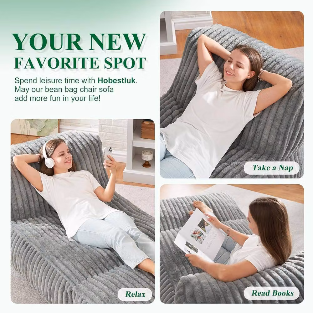 Direct Wicker Modular Bean Bag Lounge Sofa with Ottoman in Light Grey Plush Corduroy Fabric – 3