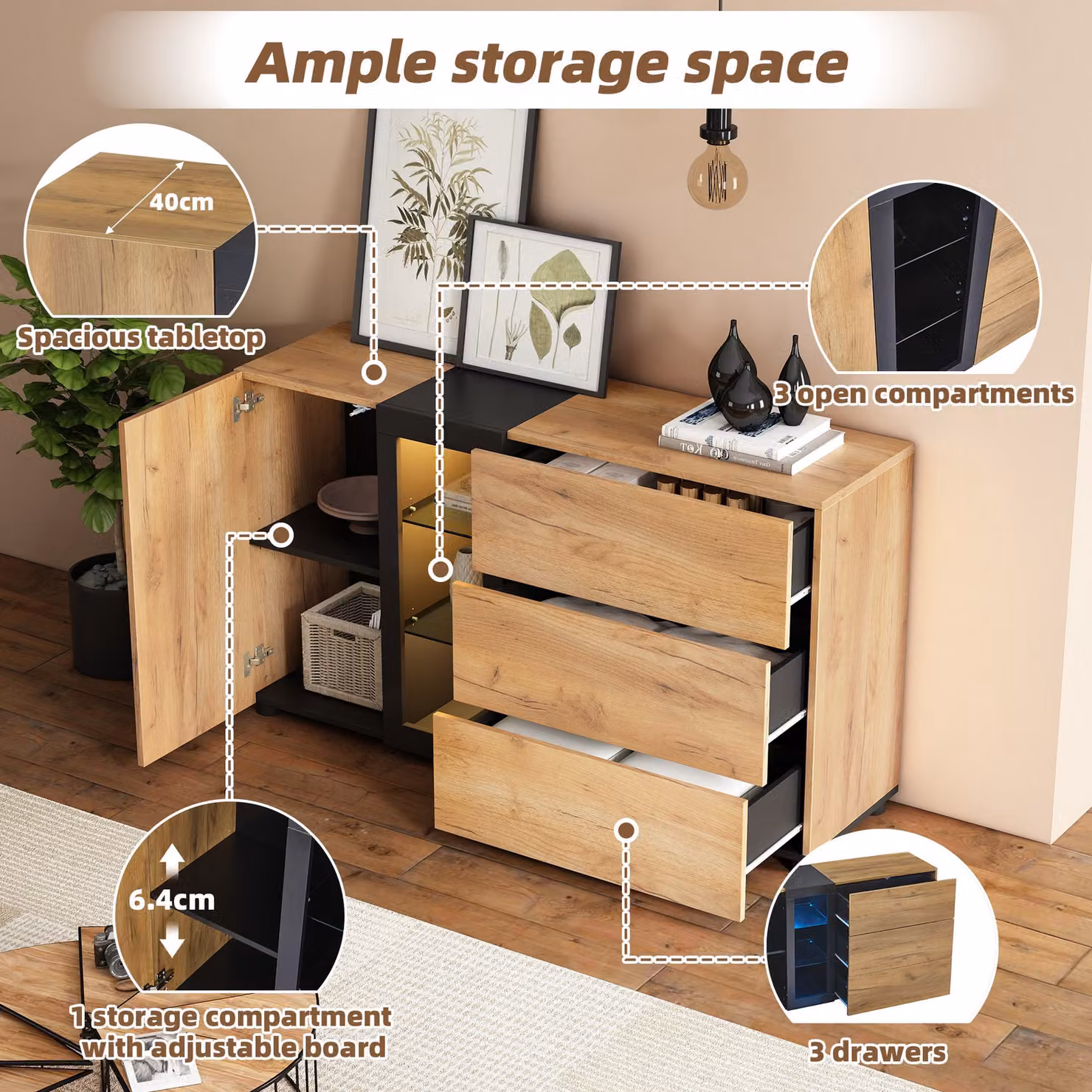 Aosom UK Modern Versatile Storage Cabinet with 3 Drawers, Smart LED Lighting and Adjustable Glass Shelves, Black and Brown, W: 140 cm, D: 40 cm, H: 80 cm – 5