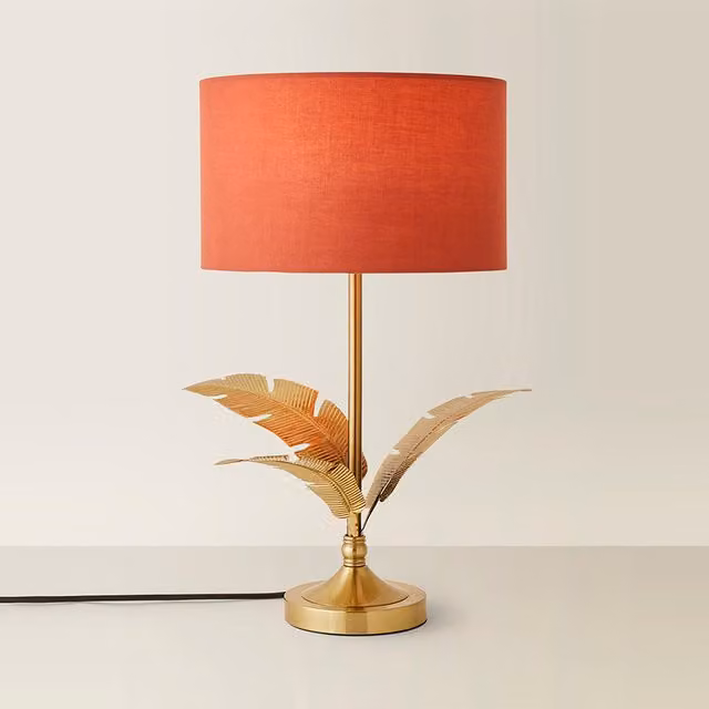 ValueLights Christina Palm Leaf Table Lamp with Fabric Drum Shade in Rust and Gold/Brass