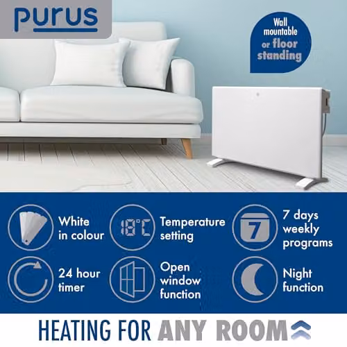 Purus 1200W Electric Convector Panel Heater, White, Wall Mounted or Freestanding – 2