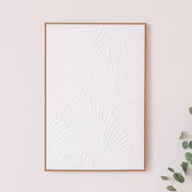 Melody Maison Extra Large Ginkgo Textured Wall Art in White and Gold, W: 55 cm, H: 80 cm