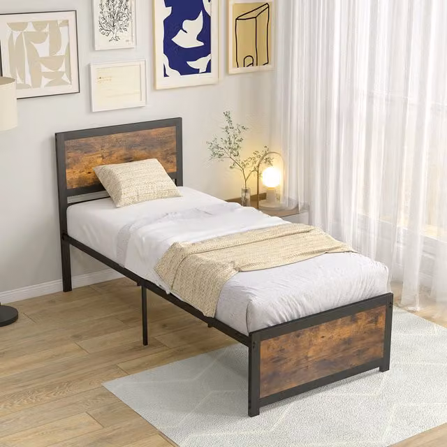 COSTWAY Industrial Metal and Wood Bed Frame in Brown