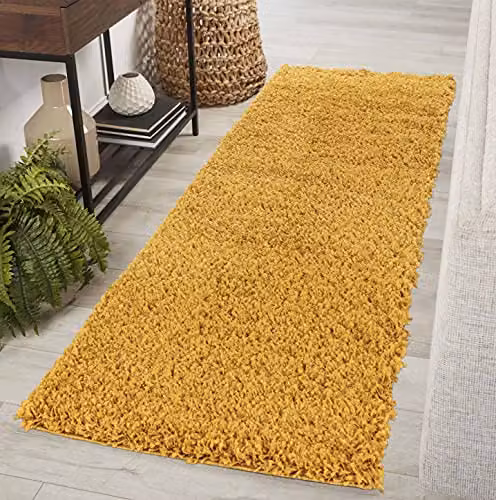 Serdim Rugs Gold Plain Modern Shaggy Hallway Runner Rug, W: 60 cm, L: 220 cm