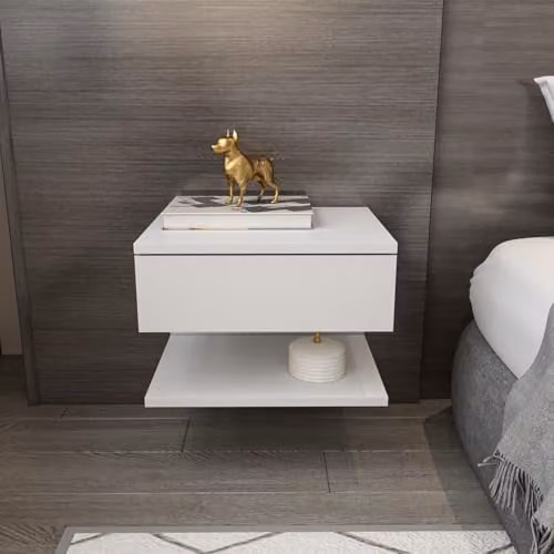 DECOROTIKA Vivid Wall Mounted Floating Bedside Table with One Drawer and One Open Shelf, White – 1
