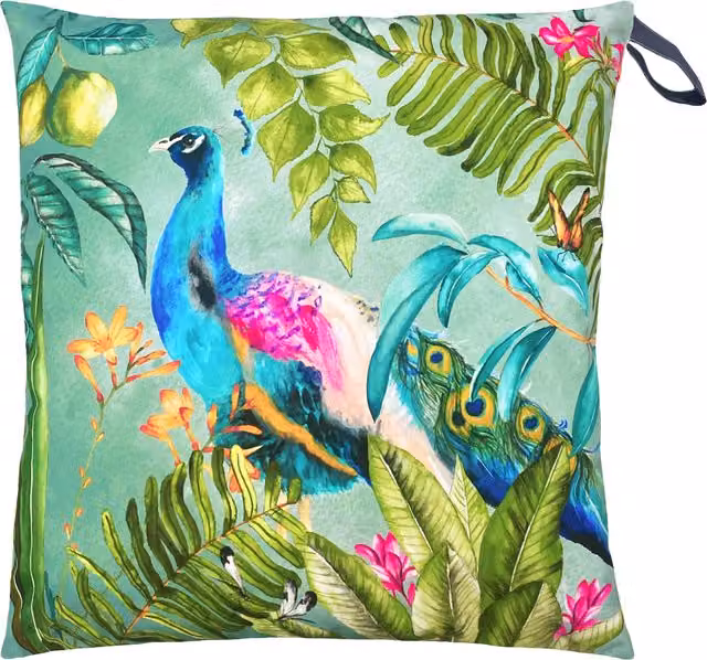 Make it a Home Tropical Peacock Large Square Outdoor Floor Cushion, Multicolour and Blue, Weatherproof Polyester