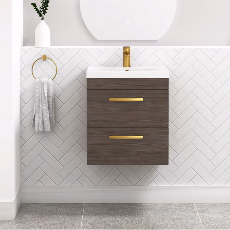 Royal Bathrooms Turin 500mm Wall Hung Vanity Unit in Grey Elm with 2 Drawers and Brushed Brass Handle
