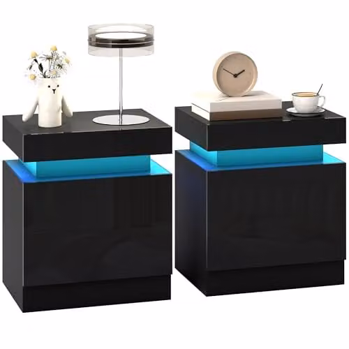 HOMCOM Set of 2 Modern High Gloss Bedside Tables with Integrated LED Lighting, Black, W/D/H: 35 x 45 x 52 cm