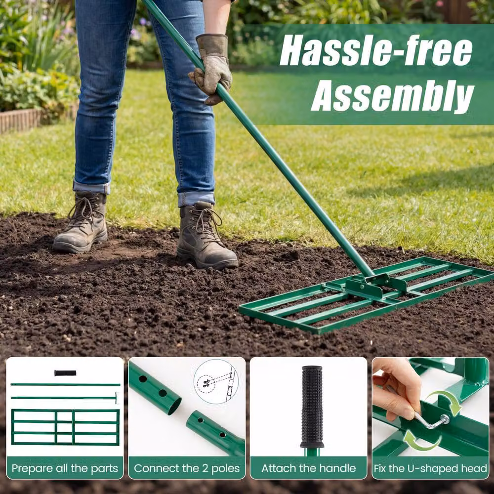 Costway Heavy-Duty Metal Lawn Leveling Rake with Adjustable Handle in Green – 5