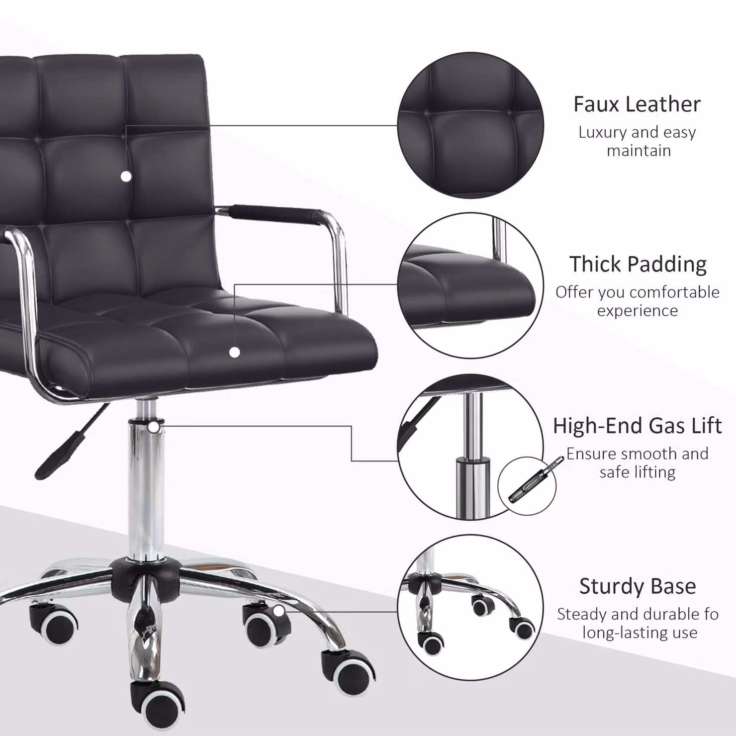 Vinsetto Ergonomic Mid-Back Office Chair in Black Faux Leather with Padded Armrests and Swivel Function – 4