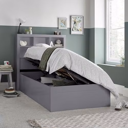 Bedmaster Oscar Grey and White Wooden Bookcase Ottoman Storage Bed with Lift Up Base, 90 x 190 cm – 1