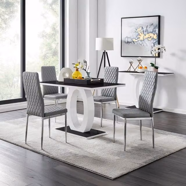 FurnitureboxUK Giovani Glass Dining Table and Four Milan Chairs Set in Grey and Black