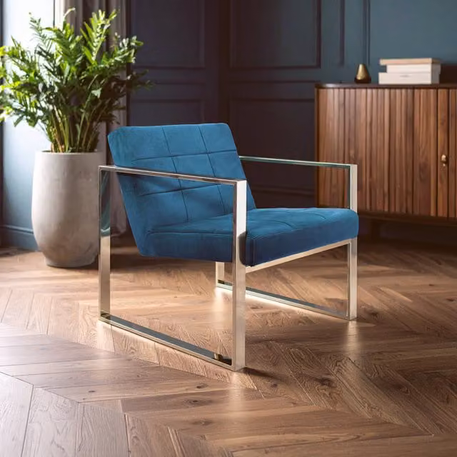 Orsina Blue Velvet Tub Lounge Chair with Metal Frame – 1