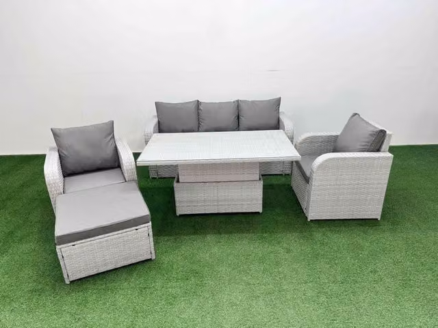 Fimous PE Rattan Garden Furniture Set in Light Grey with 3-Seater Sofa, Reclining Armchair, Coffee Table and Ottoman