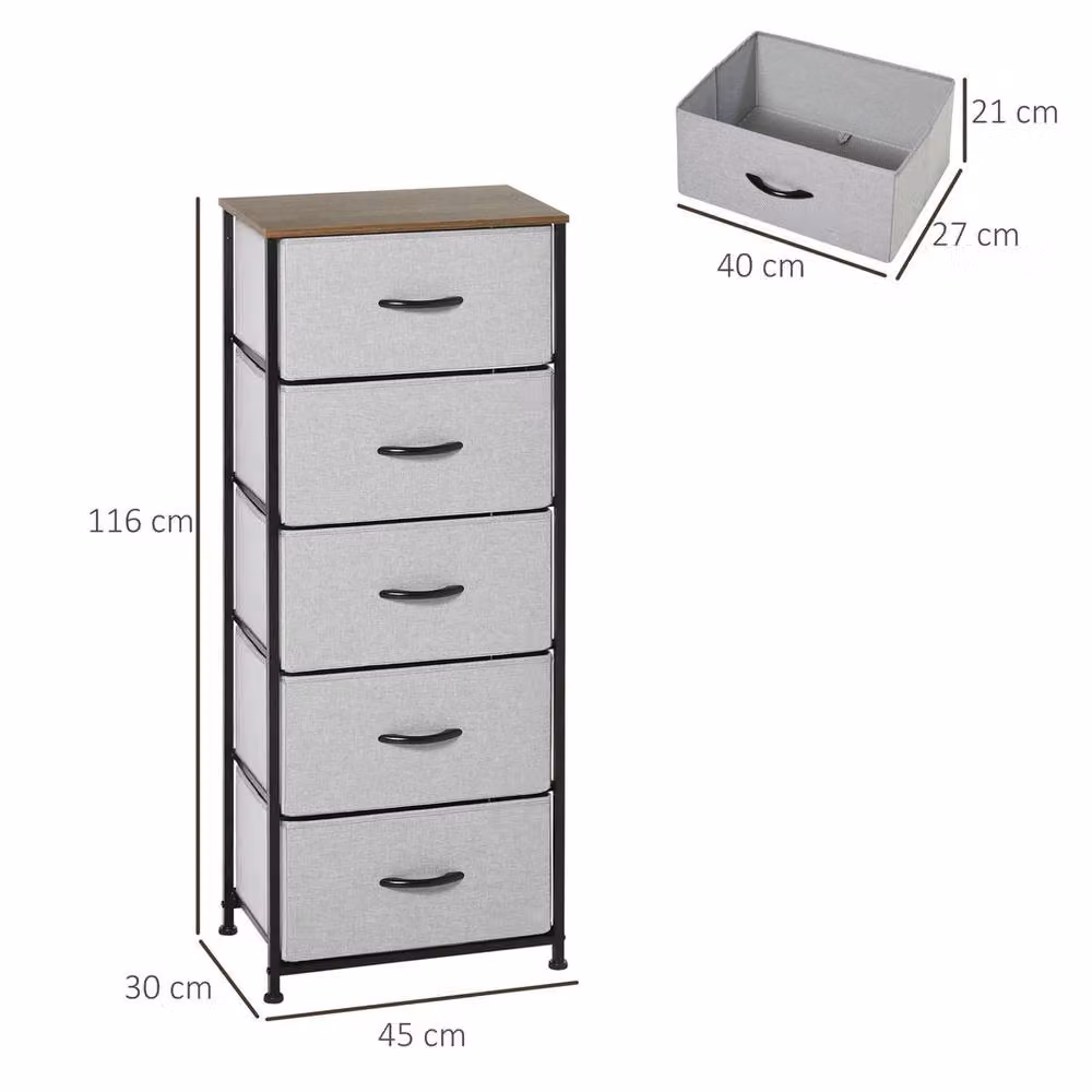 Havendro 5 Drawer Fabric Chest of Drawers with Wooden Top, Grey, H 116 x W 45 x D 30 cm – 2