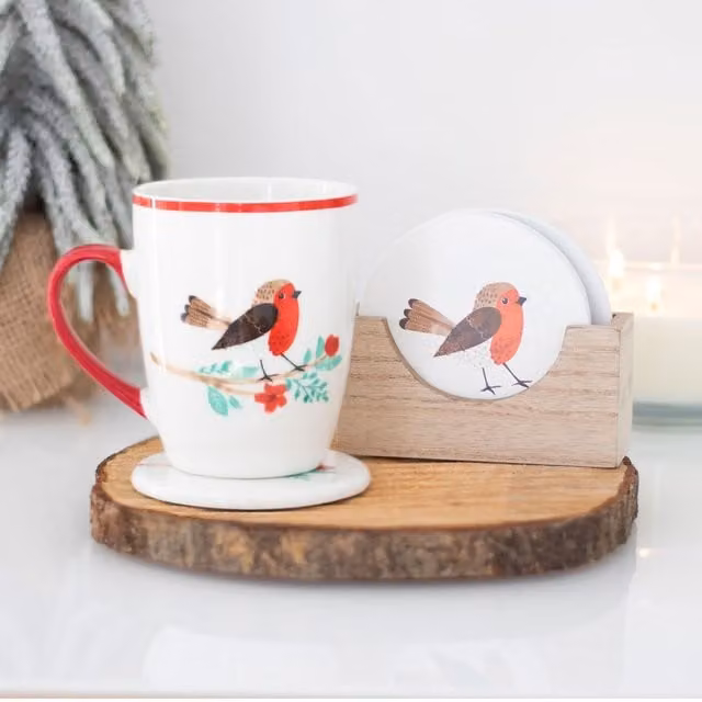Gloriously Good Winter Robin Ceramic Mug and Coaster Set in White and Red