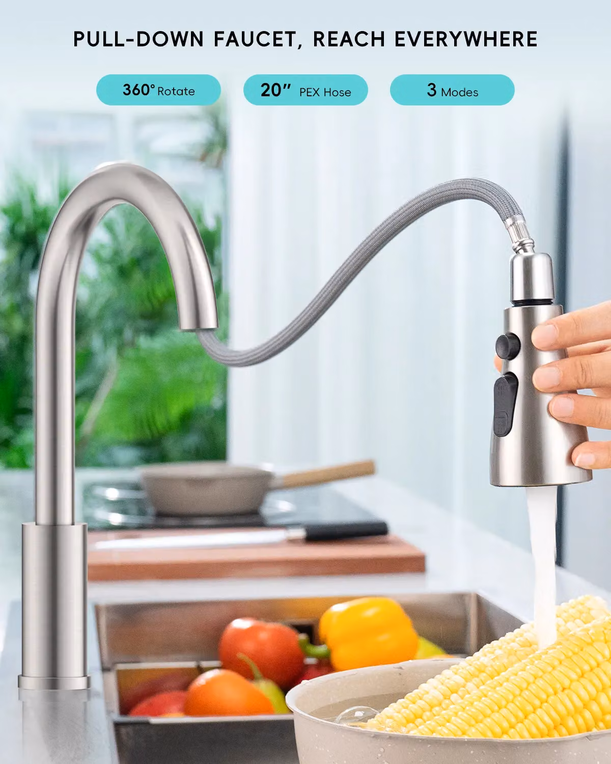Appaso Stainless Steel Kitchen Sink Mixer Tap with Pull Out Spray in Silver Brushed Steel – 2