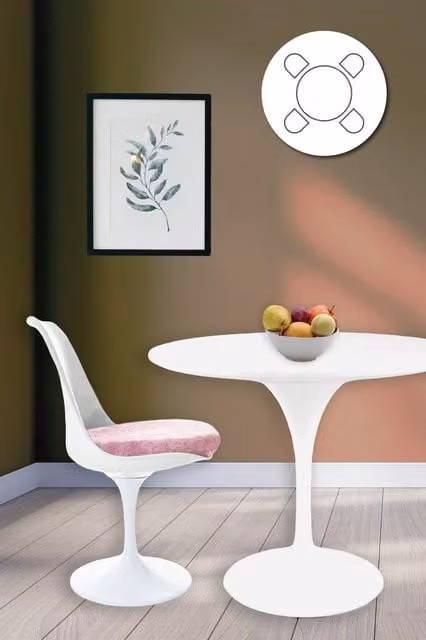 Fusion Living Tulip Dining Set with White Round Table and Four Pink Chairs – 1