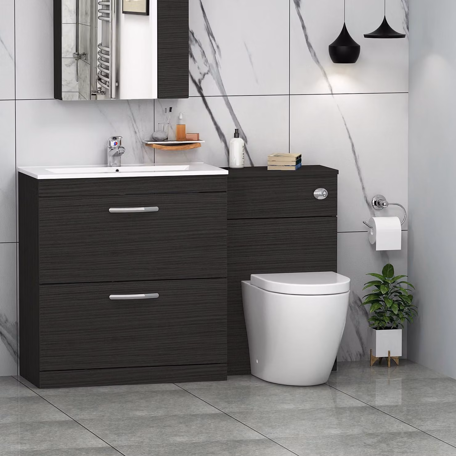Royal Bathrooms Hale Black 2 Drawer Furniture Pack with Minimalist Basin and Elva Back to Wall Toilet, Width: 130 cm
