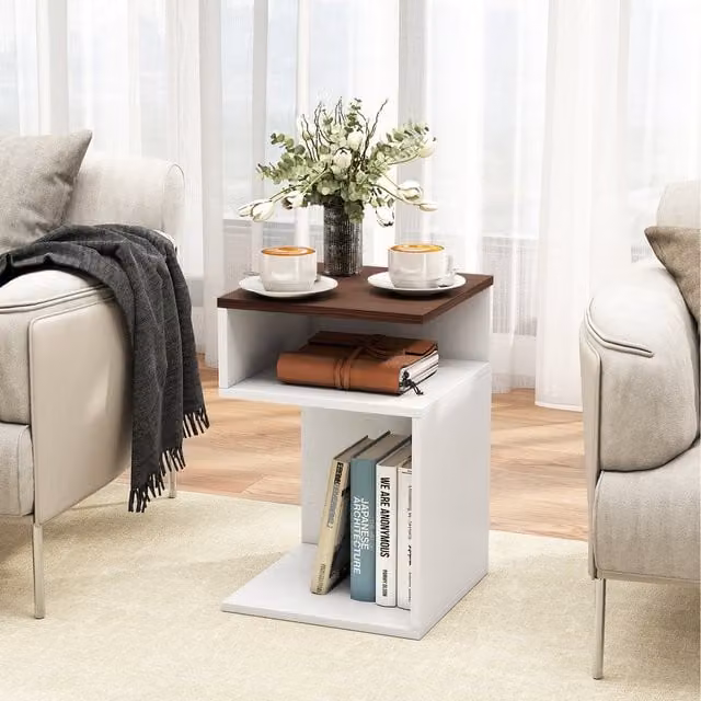 COSTWAY S-Shaped Side Table in Brown and White