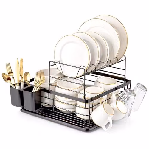 Innoteck Essentials 2 Tier Dish Drainer Rack with Removable Cutlery Holder and Metal Drip Tray, Black, W: 41.5 cm, D: 30.5 cm, H: 27 cm – 1